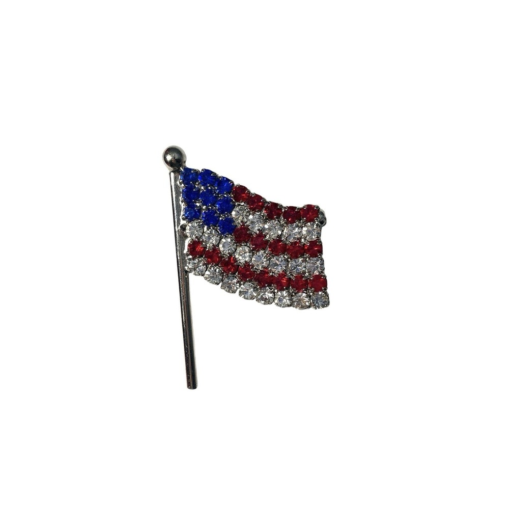 Vintage Silver Tone Rhinestone Patriotic USA American Flag Brooch Pin
